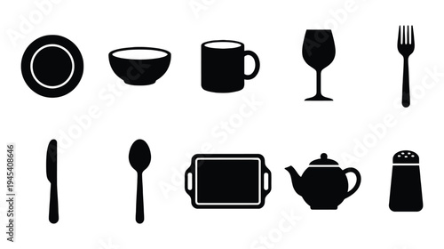 Tableware icons set. plate, bowl, mug, wine glass, fork, knife, spoon, tray, teapot, salt shaker