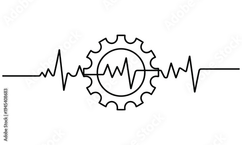 Modern minimalist design featuring a stylized gear icon with a heartbeat line integrated into its center, symbolizing the fusion of technology and vital energy.