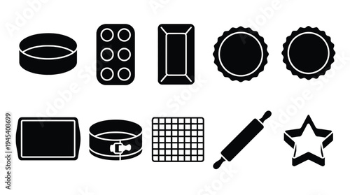 Baking dish icons set. cake pan, muffin tin, loaf pan, pie dish, cookie cutter, springform pan, wire rack, rolling pin, star cookie cutter