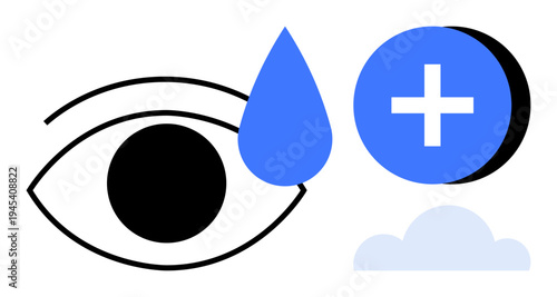 Healthcare concept. Eye graphic with droplet highlighting vision care, plus sign indicating medical aid, and cloud digital health. Ideal for vision, telemedicine, and AI graphics. Useful in