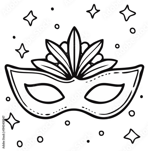 Hand drawn masquerade mask with sparkling stars and confetti