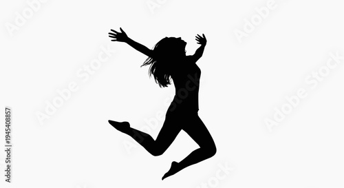 A silhouette of an energetic woman jumping high into the air with her arms raised in pure delight