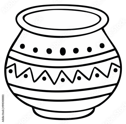 Decorative earthen pot illustration black and white outline