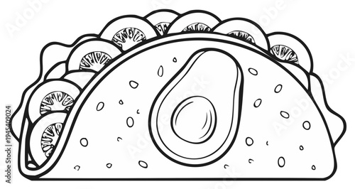 Taco Drawing: Illustrated Taco with Avocado and Tomatoes, Simple Black and White Line Art