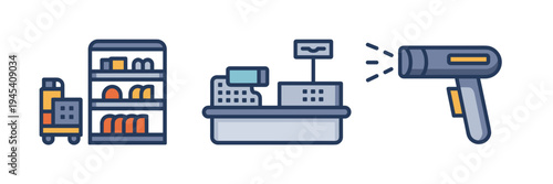 Flat retail shopping icon collection – Suitable for barcode tracking, point of sale, or web stores.