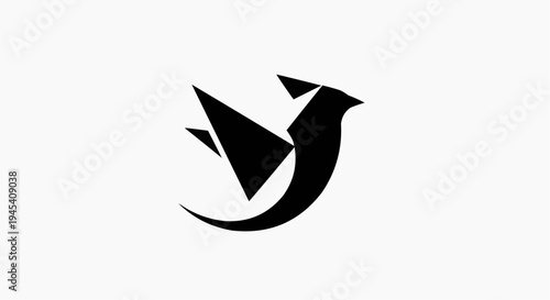 Minimalist geometric illustration of a flying bird silhouette rendered in a sleek black design
