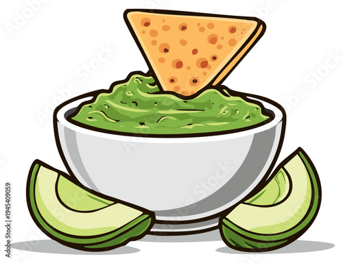 Delicious Guacamole Dip with Tortilla Chip and Fresh Avocado Slices