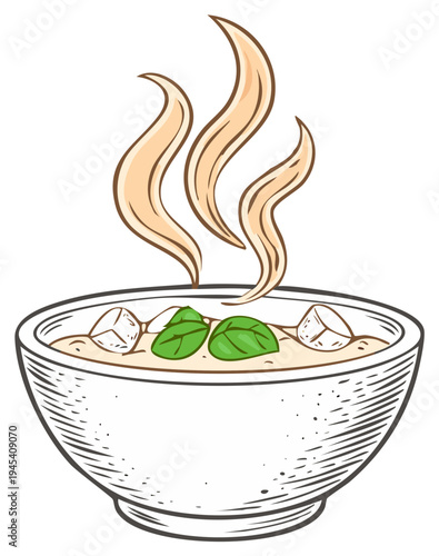 Hot savory soup in a bowl with steaming vapor fresh basil leaves and delicious ingredients