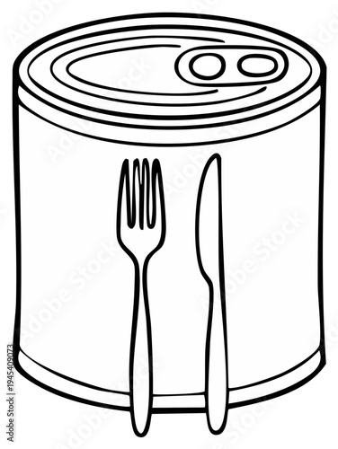 Black and white illustration of canned food with fork and knife, representing mealtime.
