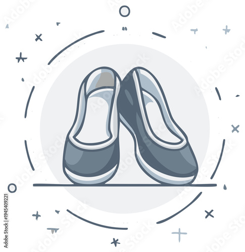 Blue women's shoes on light backdrop illustration, minimalist drawing with ballet slipper style, fashion item, footwear