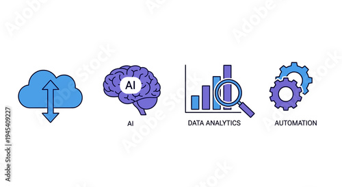 AI Driven Data Analytics and Automation Icons. Vector Illustrations. EPS Editable