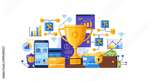 Award Trophy With Medals And Digital Devices Celebration. Vector Illustrations. EPS Editable