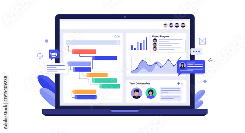 Analytics Dashboard Display On Laptop Screen. Vector Illustrations. EPS Editable