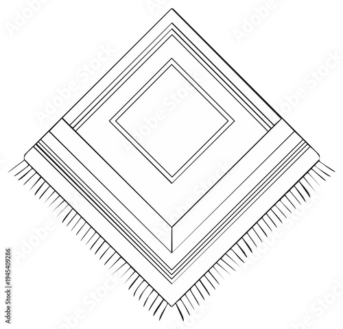 Geometric line art illustration of traditional fringed blanket with diamond pattern