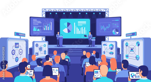 Business Conference Presentation Audience In Large Digital Hall. Vector Illustrations. EPS Editable