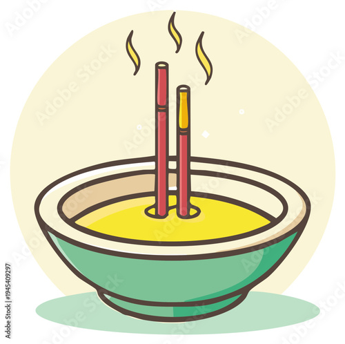 Hand-drawn illustration of burning incense sticks in a bowl of yellow liquid with steam rising