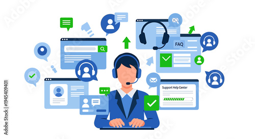 Customer service representative at call center workspace. Vector Illustrations. EPS Editable
