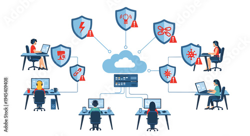 Cybersecurity Team Securing Cloud Network Shield. Vector Illustrations. EPS Editable