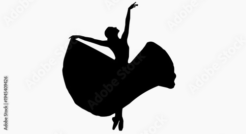 A graceful female ballet dancer performing a classical dance move with a wide flowing skirt silhouette