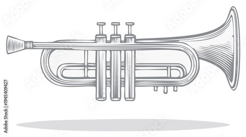 Detailed engraved illustration of a trumpet instrument with shadow effect. Vintage music concept.
