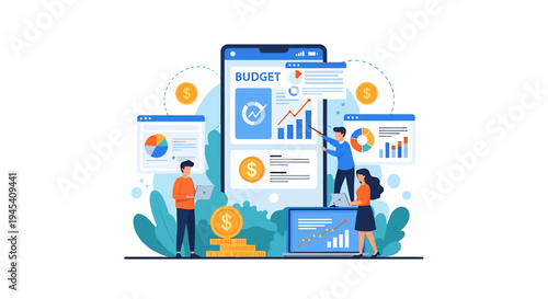 Data Analytics Dashboard With People Interacting. Vector Illustrations. EPS Editable
