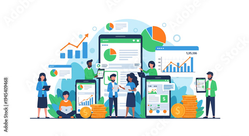 Data Analytics Team Collaborating With Charts And Devices. Vector Illustrations. EPS Editable