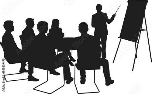 Silhouette of a business meeting or presentation with a speaker pointing at a flipchart and attentive audience, corporate training concept, isolated white background vector,