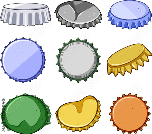 Bottle caps collection displaying different colors, shapes, and conditions, including new, used, and bent metal crown caps, useful for packaging, recycling, and drink themes