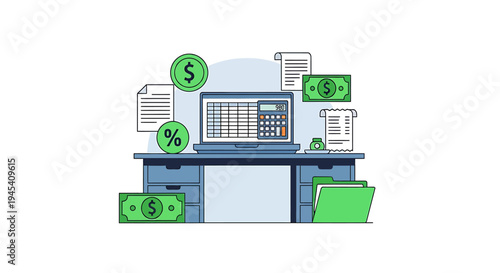 Financial workstation computer with currency symbols and charts. Vector Illustrations. EPS Editable