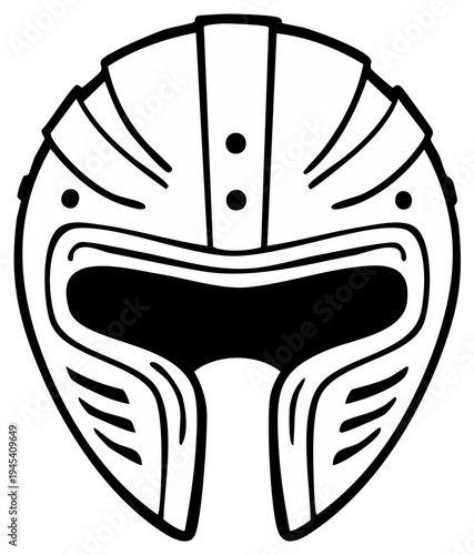 Stylized black and white illustration of a medieval knight's helmet with visor
