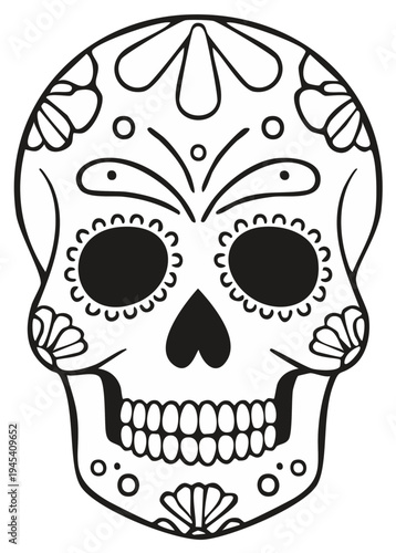 Stylized Black and White Sugar Skull Illustration with Floral Details for Festive Decor
