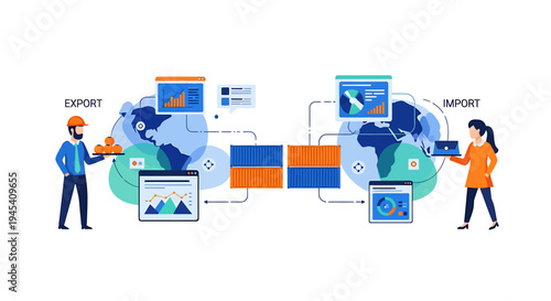 Global Trade Exchange And Export Logistics Scene. Vector Illustrations. EPS Editable