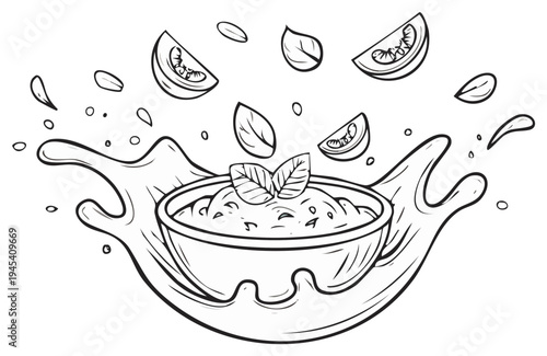 Illustration of a bowl of food with a splash of liquid and scattered tomato slices and basil leaves