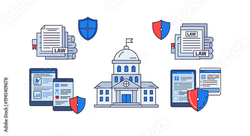 Government Building Center with Legal Documents. Vector Illustrations. EPS Editable