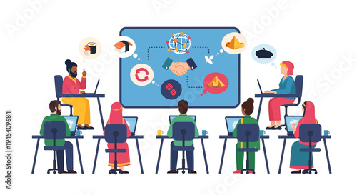 Group of people attending a modern presentation session. Vector Illustrations. EPS Editable