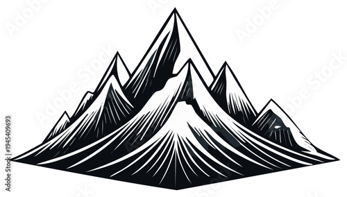 Graphic Black and White Mountains with Textured Lines, Peak and Rugged landscape