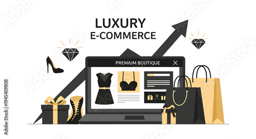 Luxurious Ecommerce Laptop Displaying Premium Products. Vector Illustrations. EPS Editable