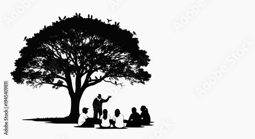 Group of people sitting under a large tree in silhouette style