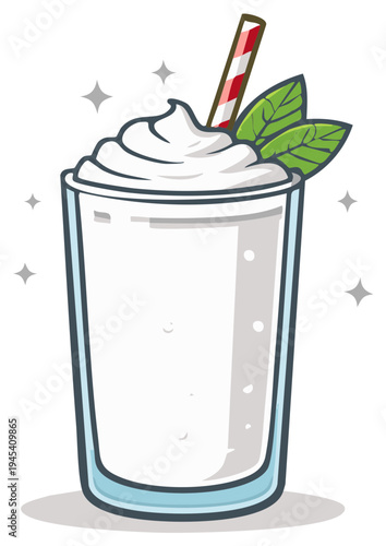 Refreshing creamy white beverage with whipped topping and mint garnish in a tall glass with a striped straw