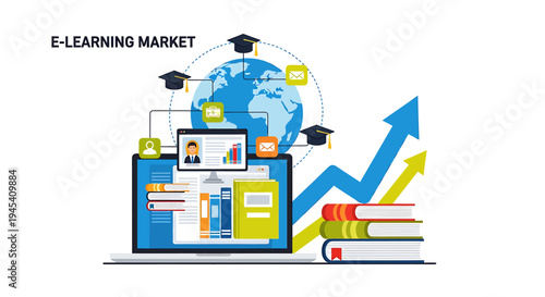Online learning concept illustrated by global elearning growth. Vector Illustrations. EPS Editable