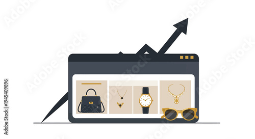 Online Retail Growth Concept With E Commerce Laptop Illustration. Vector Illustrations. EPS Editable