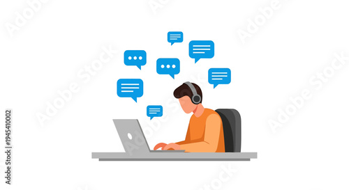 Person Working On Laptop At Desk With Chat Bubbles. Vector Illustrations. EPS Editable