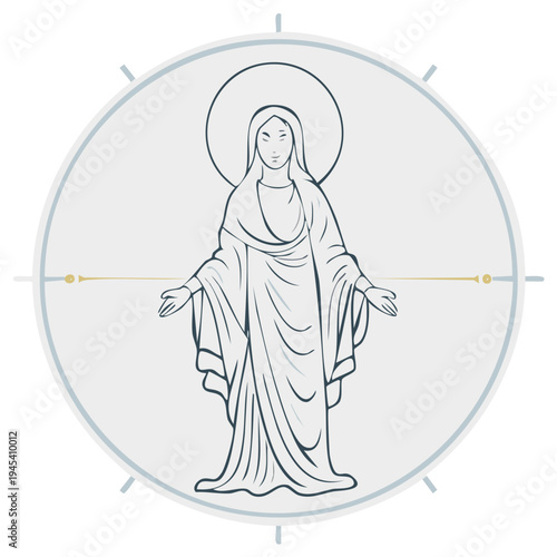 Line drawing of Virgin Mary with halo in circular frame symbolizing faith devotion piety purity grace blessedness spiritual illustration