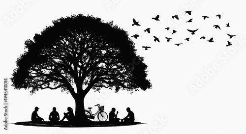 Silhouette of a tree with people and birds in a park setting