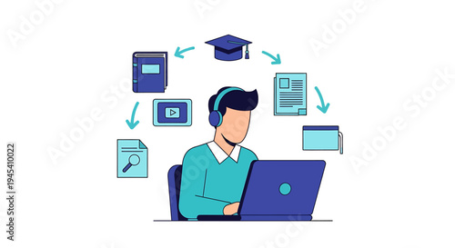 Professional student working on laptop with documents. Vector Illustrations. EPS Editable