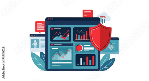 Regtech Cybersecurity Dashboard With Shield And Monitors. Vector Illustrations. EPS Editable