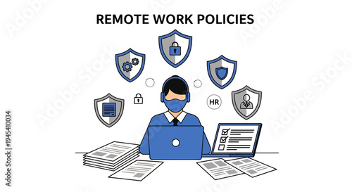 Remote Worker At Desk With Protective Gear. Vector Illustrations. EPS Editable
