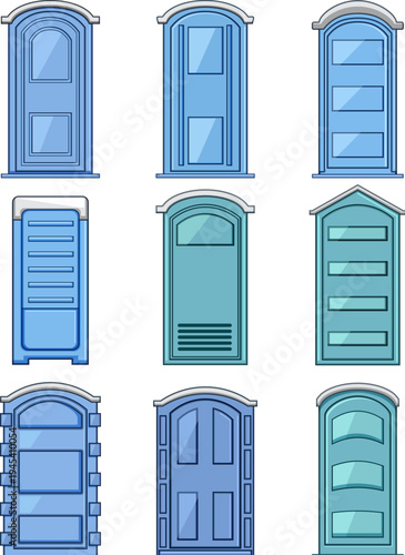 Nine blue portablechemical toilet illustrations showing varied porta potty designs for temporary sanitation at construction sites, outdoor events, festivals, or remote locations