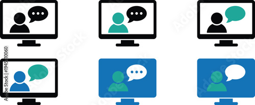 Online chat communication concept, customer support messaging interface, digital conversation on computer screens, social network helpdesk technology flat vector illustration