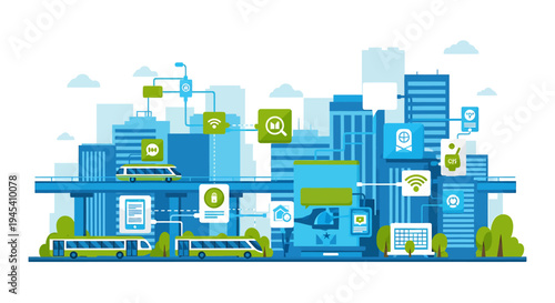 Smart city concept with connected infrastructure and digital icons. Vector Illustrations. EPS Editable